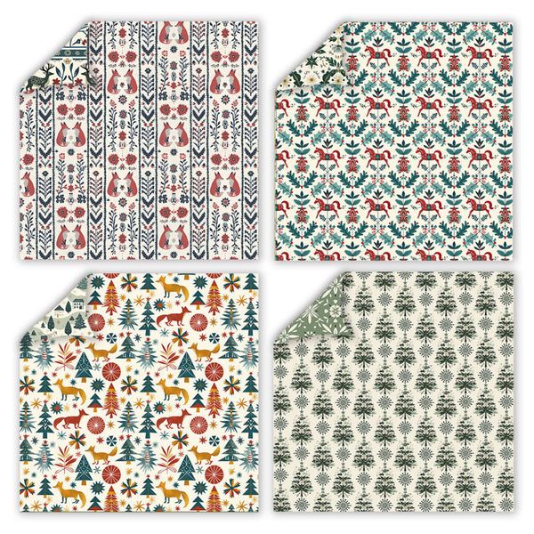 Four square fabric or paper pattern swatches arranged in a 2x2 grid, each showing a different holiday-themed print: vertical geometric stripes, woodland animals and foliage, deer and trees, and repeating tree motifs.