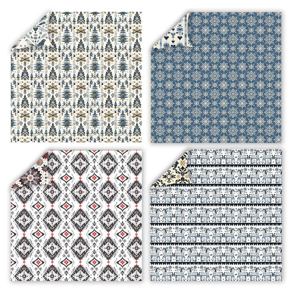 Four square sheets of patterned paper arranged in a 2x2 grid on a white background. Each sheet shows a different repeating design: a cream and blue tree pattern, a blue snowflake pattern, a white and gray diamond pattern with small red accents, and a white and blue animal print with a folded corner showing a cream patterned backing.