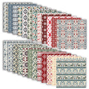 A set of patterned paper sheets fanned out against a white background, featuring various holiday and winter-themed designs in red, blue, green, and cream.