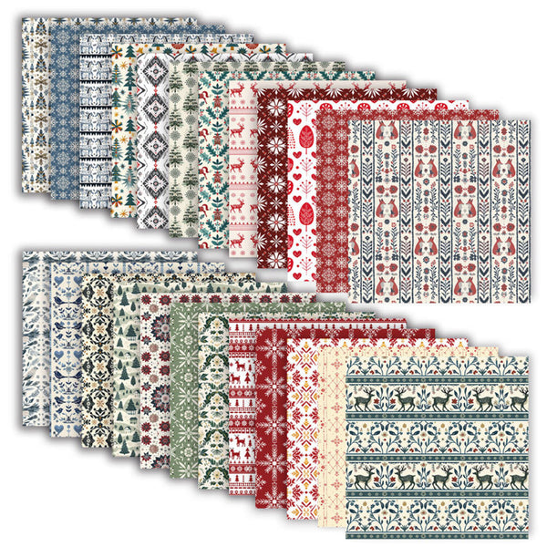 A set of patterned paper sheets fanned out against a white background, featuring various holiday and winter-themed designs in red, blue, green, and cream.