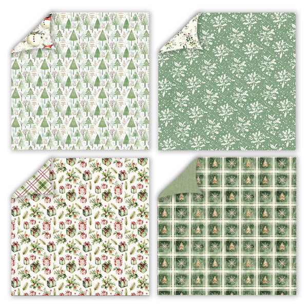 Four sheets of patterned paper arranged in a 2x2 grid, each showing a different holiday-themed print: Christmas trees, white floral motifs on sage green, gingerbread houses with candy canes and ornaments, and green plaid squares with small gingerbread figures. The top-left and bottom-left sheets show folded corners revealing the white reverse side.