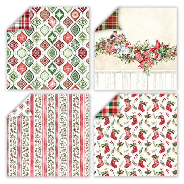 Four sheets of holiday-themed patterned paper arranged in a 2x2 grid. The top-left sheet has a repeating ornament pattern in red, green, and beige.