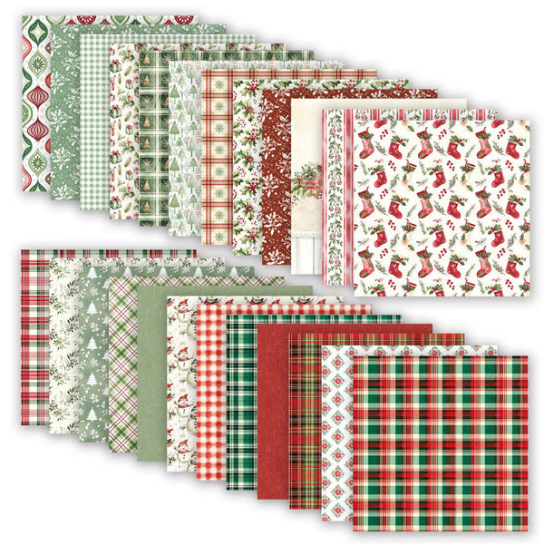 A set of Christmas-themed patterned paper sheets arranged in overlapping fanned stacks, showing various holiday designs including plaid, green trees, stockings, ornaments, and festive borders on a white background.