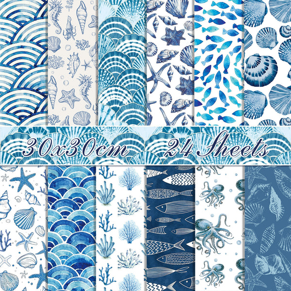A collage showing 12 different blue and white seamless ocean-themed patterns, including waves, shells, starfish, fish, and octopus designs. A banner across the middle reads '30x30cm 24 Sheets'.