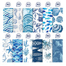 A collage showing multiple blue-and-white ocean-themed pattern swatches with repeated 'x2' badges above each panel, indicating a set of matching prints or fabrics.