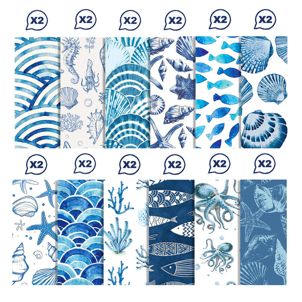 A collage showing multiple blue-and-white ocean-themed pattern swatches with repeated 'x2' badges above each panel, indicating a set of matching prints or fabrics.