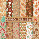 A collage of 24 Christmas-themed patterned sheets with gingerbread cookies, candy canes, cupcakes, snowman, gingerbread houses, and holiday ornaments. A central banner reads “30X30CM 24SHEETS” with a gingerbread character illustration.