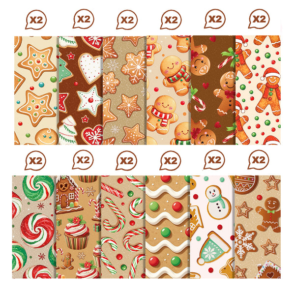 A set of two sheets of patterned baby photo backdrops featuring festive Christmas and gingerbread designs. The top sheet displays patterns of gingerbread cookies, stars, hearts, and smiling gingerbread men on warm brown and beige backgrounds.