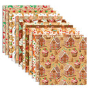 A set of layered Christmas-themed paper sheets featuring festive patterns including gingerbread houses, cupcakes, candy canes, snowflakes, and gingerbread men on warm beige backgrounds.