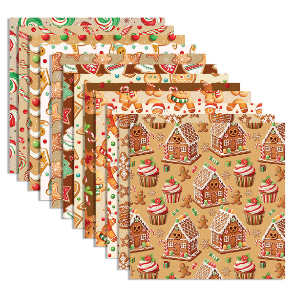 A set of layered Christmas-themed paper sheets featuring festive patterns including gingerbread houses, cupcakes, candy canes, snowflakes, and gingerbread men on warm beige backgrounds.