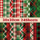 A product display showing 24 different Christmas-themed plaid and tartan pattern sheets, arranged in two rows with a central beige banner that reads '30x30cm 24Sheets'. The patterns feature classic holiday colors including red, green, beige, and brown.