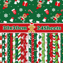 A sheet of Christmas-themed patterned paper with a green top section featuring reindeer, bells, snowflakes, and gift motifs, plus a red banner reading '30x30cm 24sheets'. The bottom shows 24 vertical strips of holiday patterns including stripes, snowflakes, candy canes, stars, and Christmas trees in red, green, white, and some gold accents.