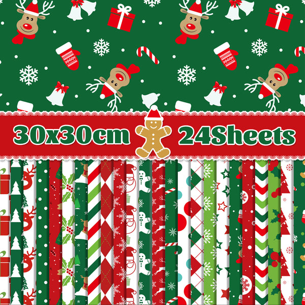 A sheet of Christmas-themed patterned paper with a green top section featuring reindeer, bells, snowflakes, and gift motifs, plus a red banner reading '30x30cm 24sheets'. The bottom shows 24 vertical strips of holiday patterns including stripes, snowflakes, candy canes, stars, and Christmas trees in red, green, white, and some gold accents.