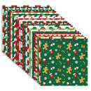 A set of Christmas-themed wrapping paper sheets fanned out to show multiple patterns, including green with gingerbread men and candy canes, green with snowflakes, red and white stripes, and green with holiday trees.