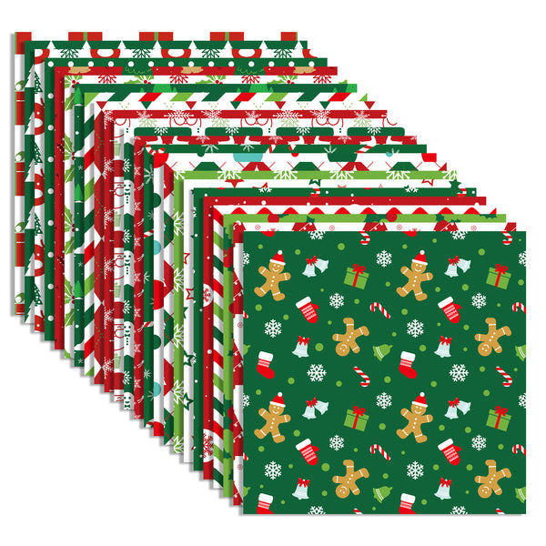 A set of Christmas-themed wrapping paper sheets fanned out to show multiple patterns, including green with gingerbread men and candy canes, green with snowflakes, red and white stripes, and green with holiday trees.