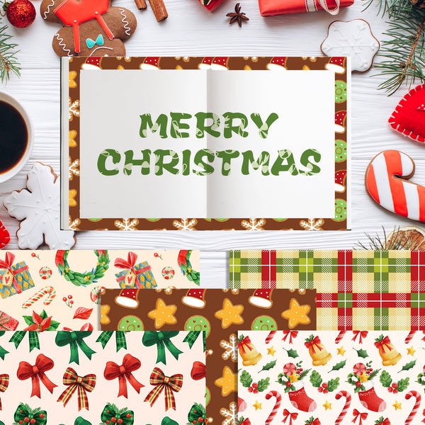 A flat-lay of Christmas-themed paper products, including an open notebook with 'MERRY CHRISTMAS' in green pine-needle lettering and four sheets of patterned paper with holiday motifs like bows, candy canes, gingerbread men, and plaid.