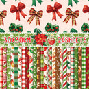 A sheet set of 24 Christmas-themed patterned papers, 30x30cm each, featuring festive designs like red bows, holly, poinsettias, candy canes, and plaid on a light pink background.