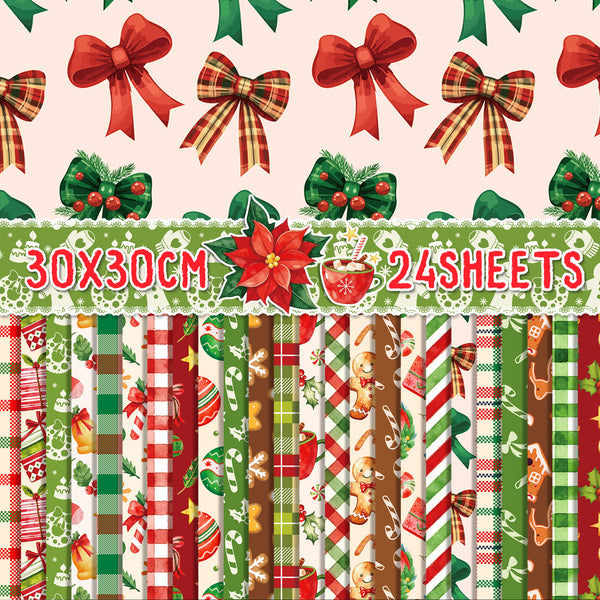 A sheet set of 24 Christmas-themed patterned papers, 30x30cm each, featuring festive designs like red bows, holly, poinsettias, candy canes, and plaid on a light pink background.