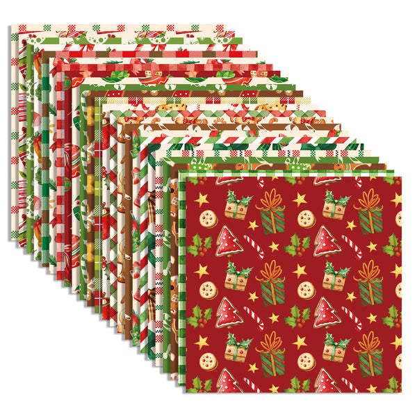 A set of Christmas-themed wrapping paper sheets fanned out on a white background, featuring festive patterns like candy canes, ornaments, stockings, and reindeer.