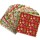 A fan of Christmas-themed patterned paper napkins or fabric squares on a white background, featuring festive designs like wrapped gifts, candy canes, ornaments, stars, and holiday greens and reds.
