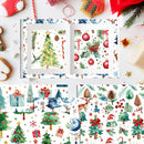 A styled flat-lay of Christmas-themed patterned paper products, including an open book and several sheets, decorated with watercolor illustrations of Christmas trees, ornaments, candy canes, holly, pinecones, Santa Claus, and wrapped gifts on a white background.