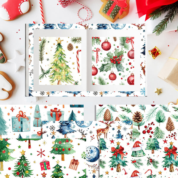 A styled flat-lay of Christmas-themed patterned paper products, including an open book and several sheets, decorated with watercolor illustrations of Christmas trees, ornaments, candy canes, holly, pinecones, Santa Claus, and wrapped gifts on a white background.