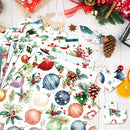 A styled flat-lay of multiple sheets of Christmas wrapping paper with watercolor holiday illustrations, surrounded by festive props like pinecones, evergreen branches, candy canes, and wrapped gifts on a white wood background.