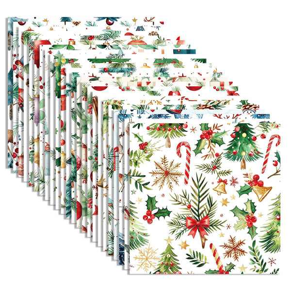 A set of Christmas-themed gift bags fanned out on a white background, featuring a festive watercolor pattern with candy canes, holly, pine trees, snowflakes, and red bows.