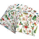 A fan of Christmas-themed wrapping paper sheets on a plain white background, each sheet featuring different holiday illustrations such as candy canes, holly, pine trees, bells, stars, and gifts.