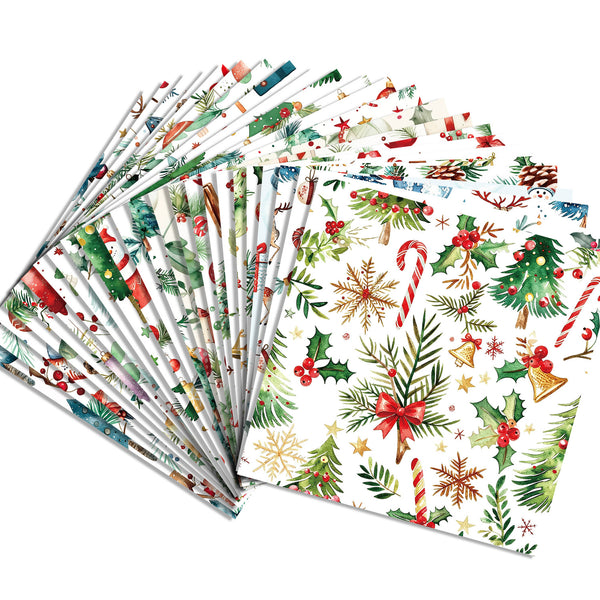 A fan of Christmas-themed wrapping paper sheets on a plain white background, each sheet featuring different holiday illustrations such as candy canes, holly, pine trees, bells, stars, and gifts.