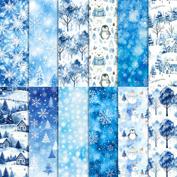Twelve vertical winter-themed pattern swatches in shades of blue and white, including snowflakes, snowy trees, penguins, snowmen, houses, and snowy landscapes.