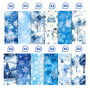 A set of 16 winter-themed patterned sheets or fabrics arranged in two rows of eight on a white background. Each vertical panel shows a different blue-toned winter design, including snowflakes, snowy trees, penguins, snowmen, bears, and watercolor snow scenes.