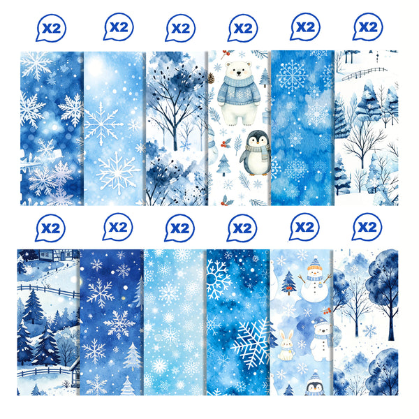 A set of 16 winter-themed patterned sheets or fabrics arranged in two rows of eight on a white background. Each vertical panel shows a different blue-toned winter design, including snowflakes, snowy trees, penguins, snowmen, bears, and watercolor snow scenes.