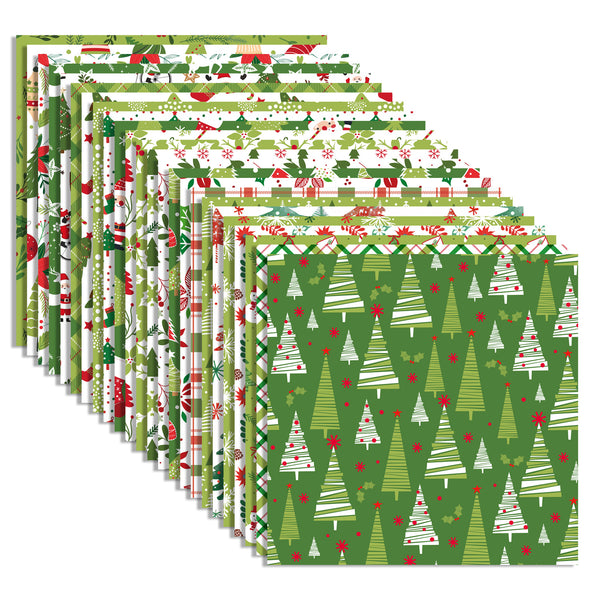 A set of Christmas-themed patterned paper napkins or gift wrap sheets fanned out on a white background. The designs feature green trees, red ornaments, holly, candy canes, and holiday motifs in various patterns.