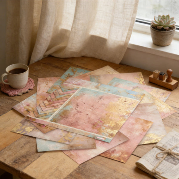 Colorful paper sheets on a wooden table with a cup of coffee and a plant in the background.