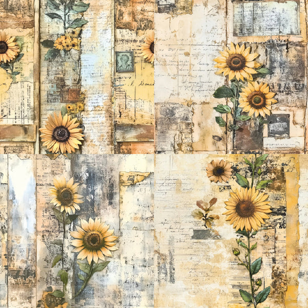 Collage of sunflowers on a textured background with vintage elements.