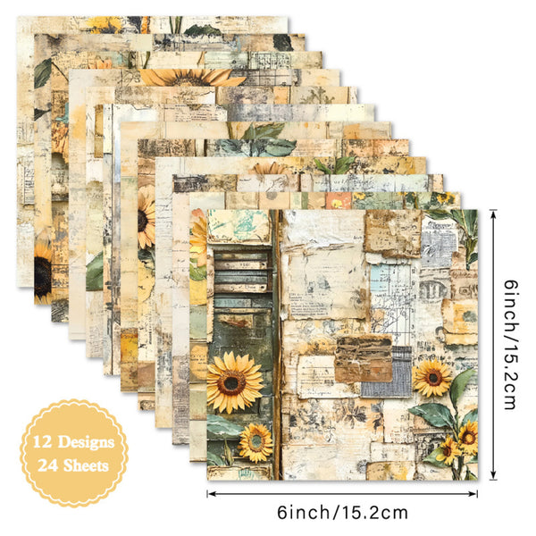 Set of 24 paper sheets with sunflower designs and measurements on a white background