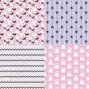 Four Halloween-themed pattern swatches arranged in a 2x2 grid: bats and ghosts on pink, hanging black spiders on lavender, black and white chevron stripes, and white ghosts on pink with small black stars.
