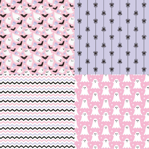 Four Halloween-themed pattern swatches arranged in a 2x2 grid: bats and ghosts on pink, hanging black spiders on lavender, black and white chevron stripes, and white ghosts on pink with small black stars.