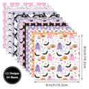 Set of Halloween-themed paper sheets with various patterns and measurements on a white background.