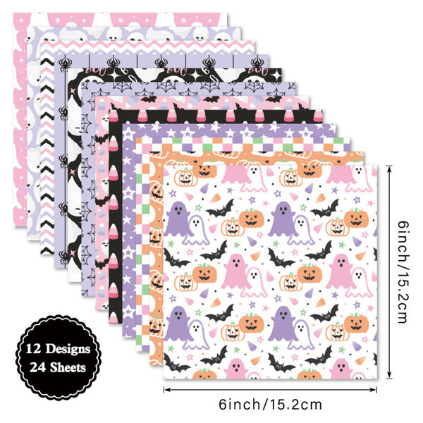 Set of Halloween-themed paper sheets with various patterns and measurements on a white background.
