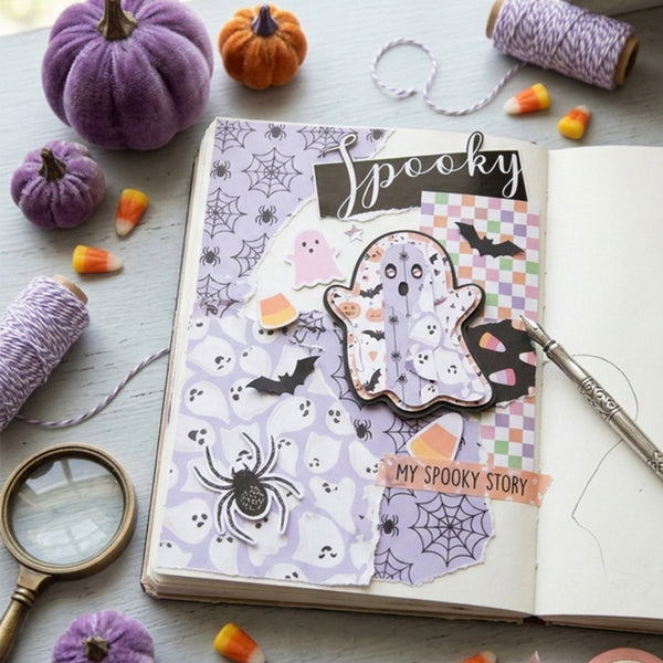 Halloween-themed notebook with decorative stickers on a table with pumpkins and candy corn.