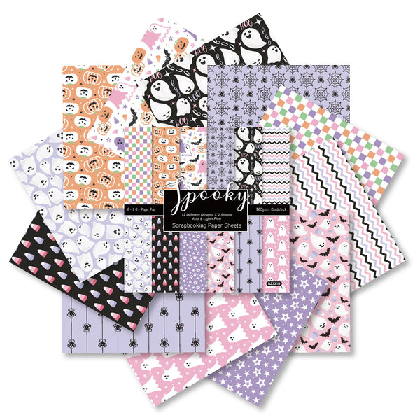 A 12-piece scrapbook paper set with various Halloween-themed patterns, including ghosts, pumpkins, spiders, bats, and checkered designs in pastel colors, arranged in a fan shape on a white background.