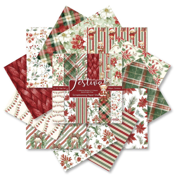A set of 12 Christmas-themed paper sheets fanned out on a white background, featuring various patterns like plaid, stripes, floral prints, and holiday motifs in red, green, and white. A central label reads 'Festival' and '12 Christmas Papers & 2 Sheets'.