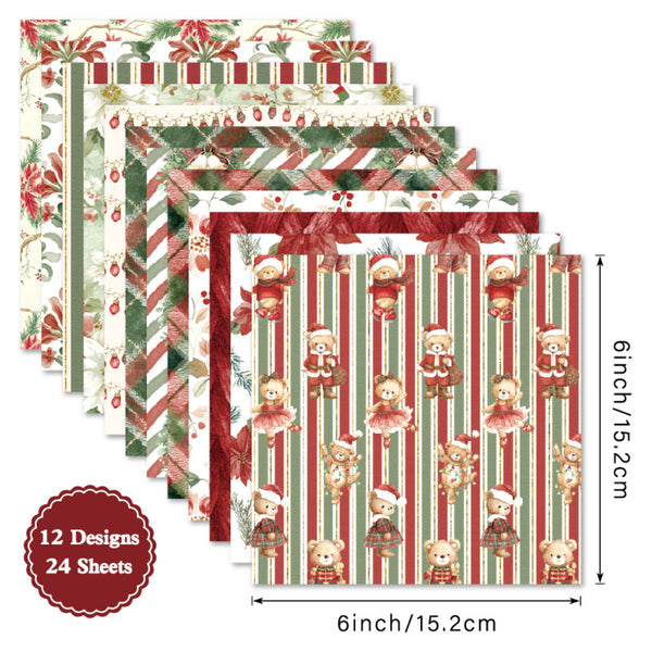 Set of Christmas-themed paper sheets with teddy bears and candy cane patterns, including dimensions and design count.