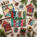 Collection of Christmas-themed scrapbooking paper sheets and accessories on a wooden surface.