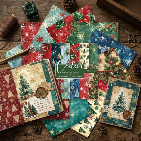 Collection of Christmas-themed paper sheets on a wooden surface with 'Cedar' branding.