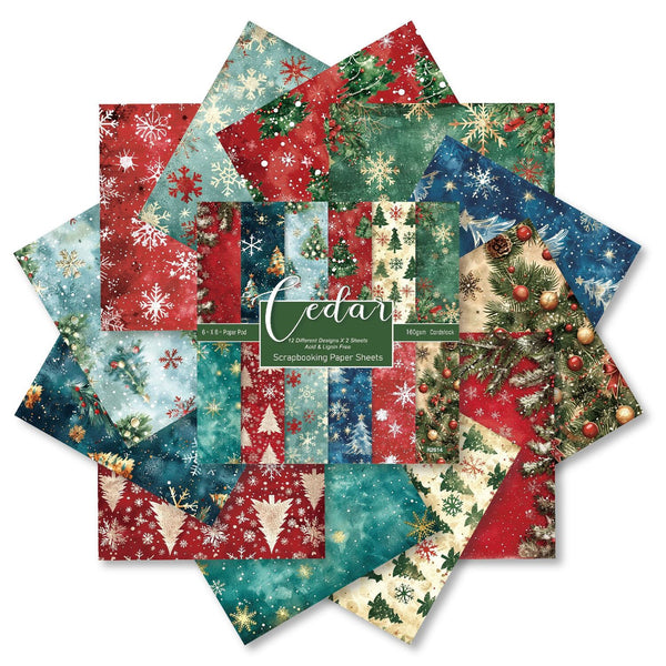 A set of layered Christmas-themed patterned paper sheets in red, green, blue, and cream, with a central label reading 'Cedar' and 'Winter Wonderland Paper Collection.'.