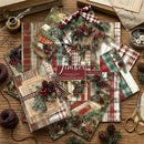 Collection of decorative paper sheets with plaid patterns and Christmas elements on a wooden surface.