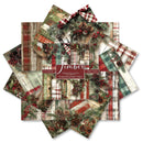 A set of Christmas-themed paper designs arranged in a starburst pattern on a white background. The designs feature rustic plaid, pinecones, evergreen branches, red berries, and a red-and-white gingham bow.